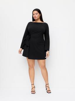 Cider - Boat Neck Women's Bell Sleeve Tie-Up Ruched Mini Dress Black