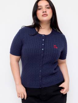 Cider - Cable Knit Women Cherry Embroidered Button-Front Top Navy Blue