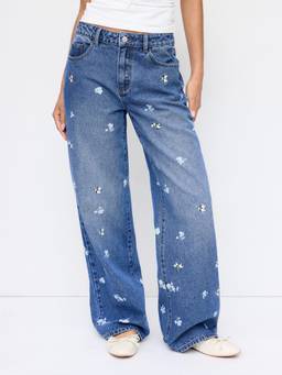 Cider - Embroidered Ditsy Women's High Waist Wide Leg Jeans Navy Blue
