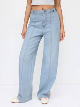 Cider - Metal Detail Women High-Rise Wide-Leg Jeans Washed Out Light Blue