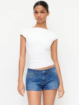 Cider - Stretch Denim Women Low Waist Floral Embroidered Denim Shorts Indigo