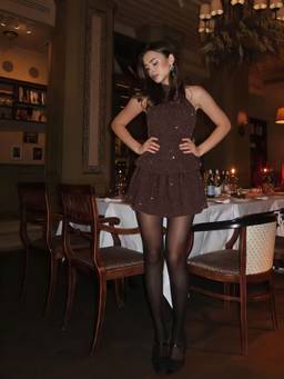 Cider - Rhinestone Women's Halter Neck Ruffle Hem Mini Dress Purple