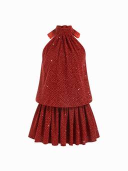 Cider - Rhinestone Women's Halter Neck Ruffle Hem Mini Dress Wine