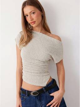 Cider - Cotton-Blend Women’s Asymmetrical Neck Slim Fit Top Beige