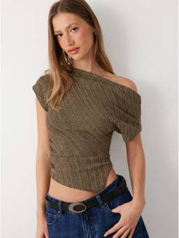 Cider - Cotton Blend Women Asymmetrical Neck Slim Fit Top Brown