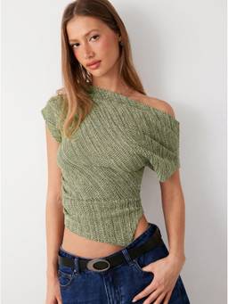 Cider - Cotton Blend Women Asymmetrical Neck Slim Fit Top Green