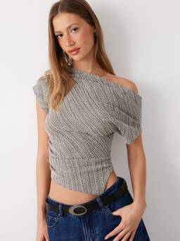 Cider - Cotton Blend Women Asymmetrical Neck Slim Fit Top Grey