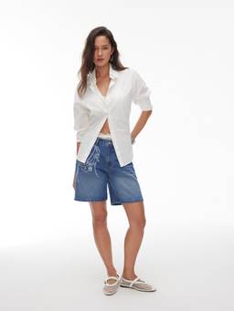 Cider - Women's Low Rise Graphic Wide Leg Denim Shorts Indigo