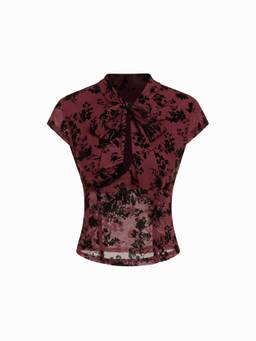 Cider - Floral Lace Women Tie-Up Round Neck Short Sleeve Top Wine
