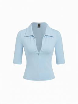 Cider - Cotton-Blend Women's V-Neck Zip Front Shirt Light Blue