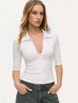 Cider - Cotton Blend Women V-Neck Zip-Up Shirt White