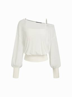 Cider - Cotton Textured Women’s Asymmetrical Neck Oversized Top Beige