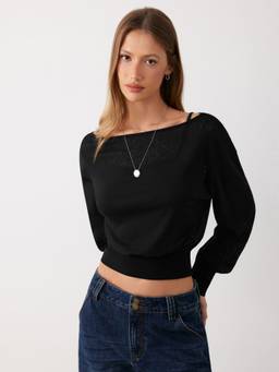 Cider - Textured Women’s Asymmetrical Neck Lantern Sleeve Top Black