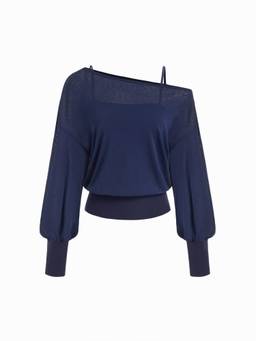 Cider - Textured Women’s Asymmetrical Neck Lantern Sleeve Top Navy Blue