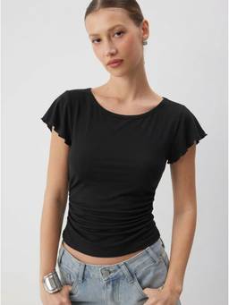 Cider - Ruched Waist Women’s Ruffled Sleeve Round Neck Top Black