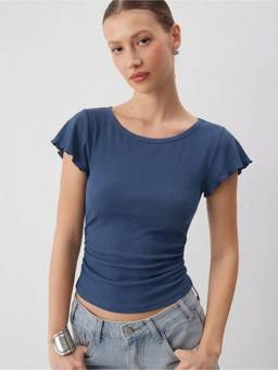 Cider - Women's Ruched Waist Ruffled Sleeve Round Neck Top Blue