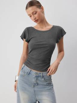 Cider - Ruched Waist Women's Ruffled Sleeve Round Neck Top Grey