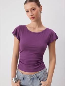 Cider - Women Ruched Ruffle Sleeve Round Neck Top Purple