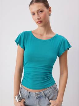 Cider - Women's Ruched Waist Ruffled Sleeve Round Neck Top Teal