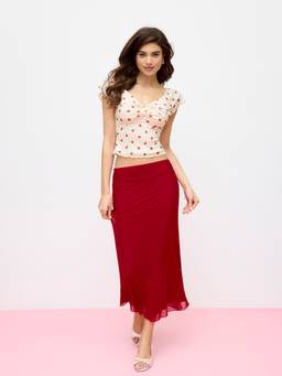 Cider - Mesh Women's Off-Shoulder Polka Dot Ruffled Skirt Set Red