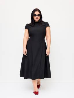 Cider - Stretchy Women's Stand Collar Ruffle Midi Dress Black