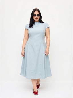 Cider - Stretchy Women's Ruffled Stand Collar Midi Dress Sky Blue
