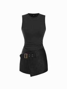 Cider - Cotton Blend Women Ruched Sleeveless Skirt Set Black