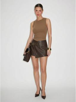 Cider - Cotton Blend Women Ruched Bodysuit & Belted Skirt Set Brown