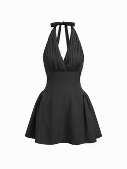 Cider - Pleated Women's Halter Neck A-Line Mini Dress Black