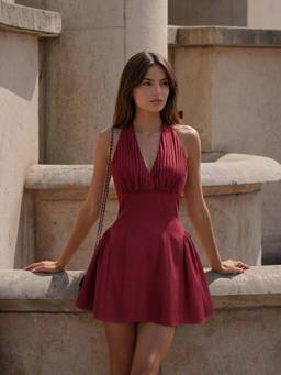 Cider - Pleated Women's Halter Neck A-Line Mini Dress Wine