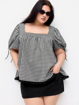 Cider - Gingham Women's Square Neck Puff Sleeve Blouse Black