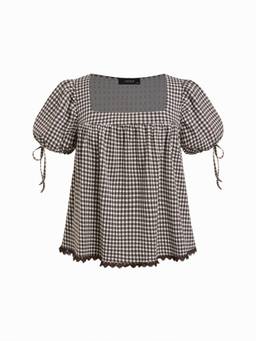 Cider - Gingham Women's Square Neck Puff Sleeve Drawstring Blouse Brown