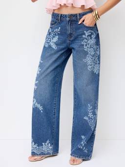 Cider - Washed Denim Women's Low-Rise Floral Wide-Leg Jeans Navy Blue