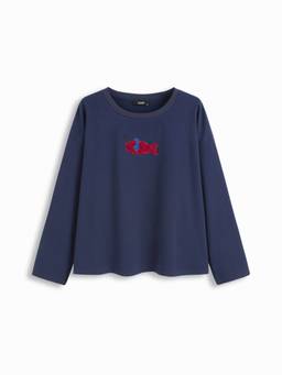 Cider - Cotton Blend Women's Fish Embroidery Oversized Crew Neck T-Shirt Navy Blue