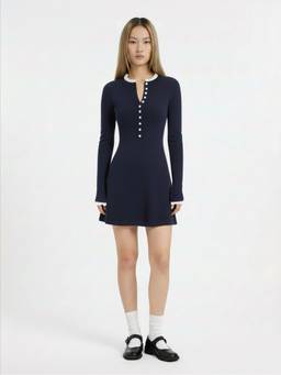 Cider - Knit Lace Trim Women's Button Front A-Line Mini Dress Navy Blue