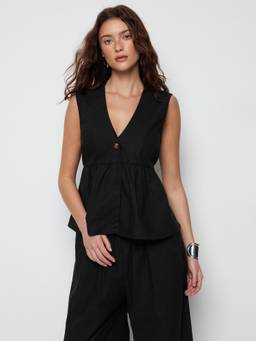 Cider - Linen Blend Women’s V-Neck Ruched Peplum Pant Set Black