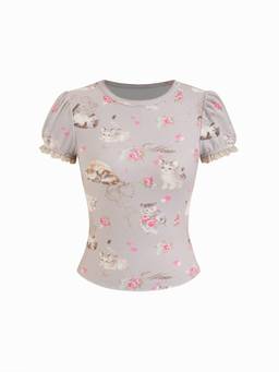 Cider - Cat & Floral Women's Graphic Jacquard Puff Sleeve T-Shirt Grey