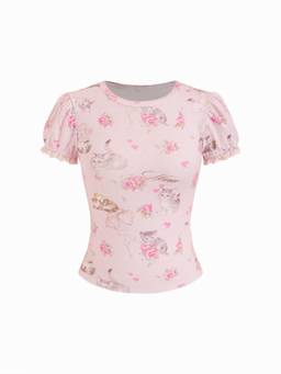 Cider - Jacquard Women's Cat & Floral Graphic Puff Sleeve Crew Neck Tee Pink