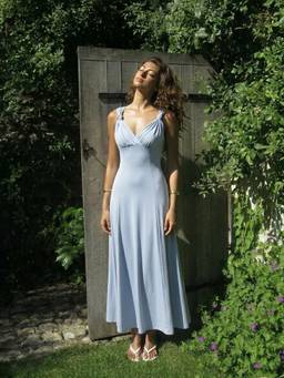 Cider - High Stretch Women’s V-Neck Knotted Flared Maxi Dress Blue