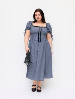 Cider - Plaid Women's Square Neck Puff Sleeve Midi Dress Navy Blue