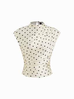 Cider - Woven Women's Ruched Stand Collar Crop Blouse Beige