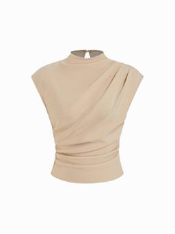 Cider - Woven Women's Ruched Stand Collar Crop Blouse Khaki