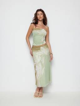 Cider - Mesh Floral Women's Strapless Tube Top Skirt Set Green