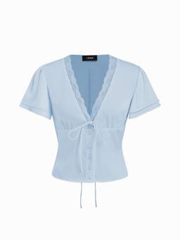 Cider - Lace Trim Women's V-Neck Drawstring Blouse Blue
