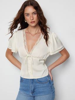 Cider - Lace Trim Women V-Neck Drawstring Short Sleeve Blouse Cream