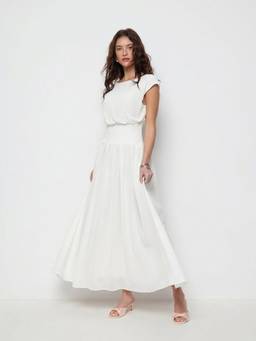 Cider - Chiffon Draped Women's Flared Maxi Dress White