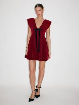 Cider - Velvet Women's V-Neck Bow Detail A-Line Mini Dress Wine