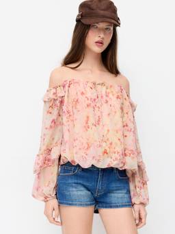 Cider - Chiffon Floral Women Off-Shoulder Ruffled Blouse Peach
