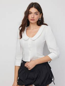 Cider - Cotton Blend Women's Peter Pan Collar Button-Down Blouse White