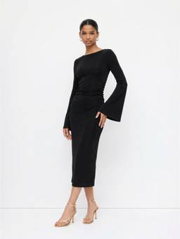 Cider - Chain Detail Women Backless Ruched Boat Neck Midi Dress Black
